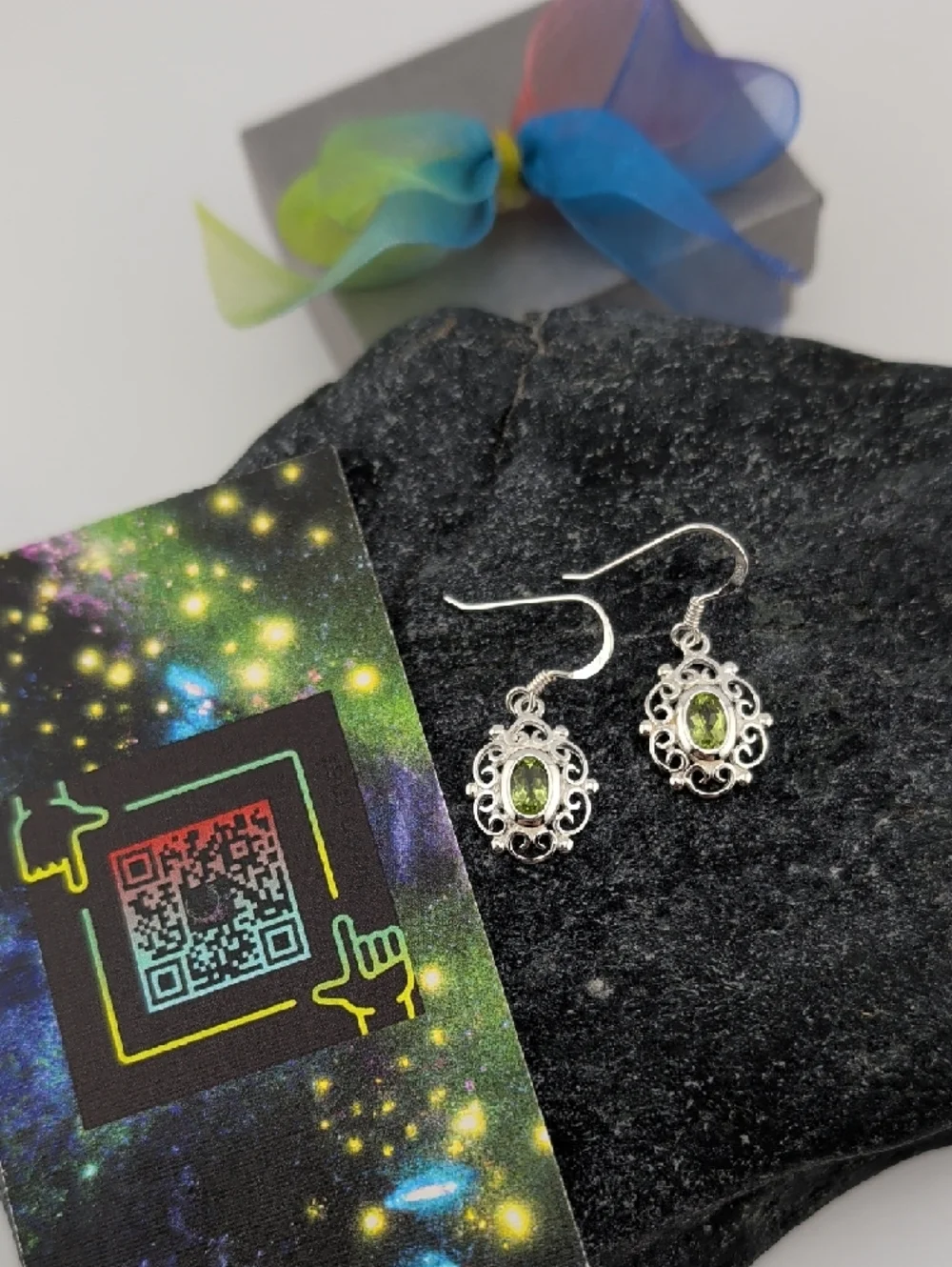 Sterling Silver Peridot Scrollwork Drop Earrings - Green - Picture 5 of 6